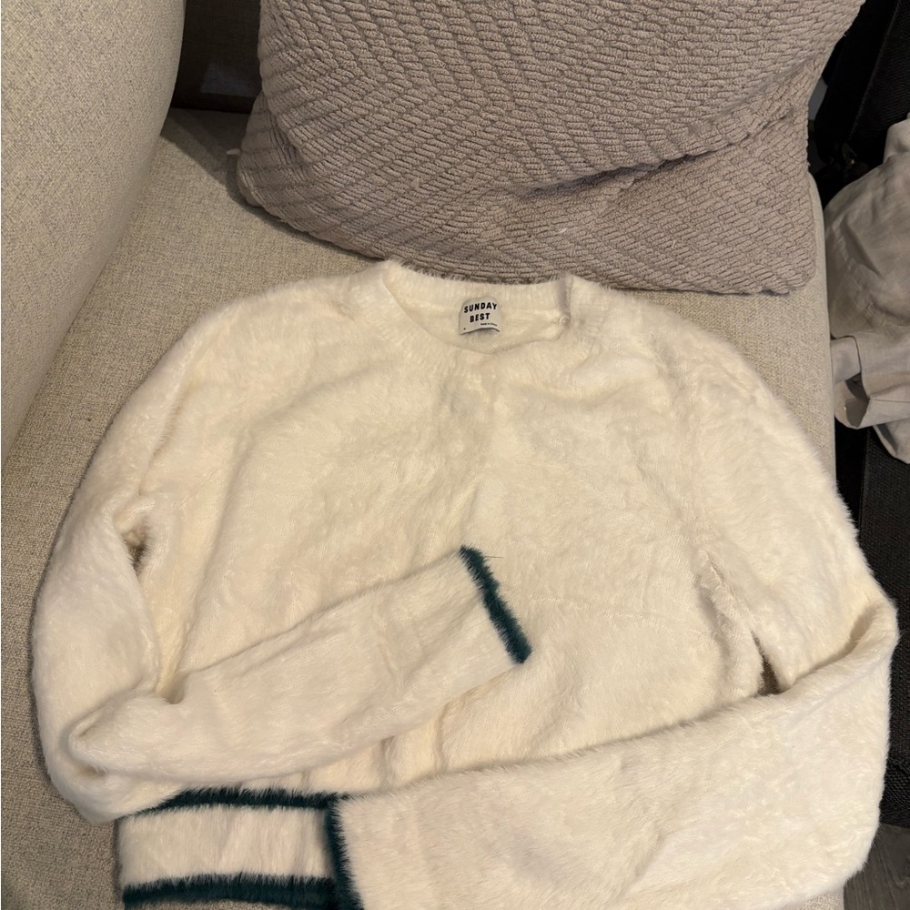 Sunday Best (Aritzia) Cream Fuzzy Sweater with Green Accents